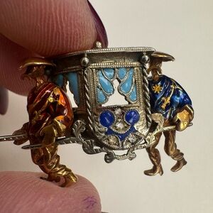 Elegant 18K Gold vintage carriage Brooch with Blue and Red Accents